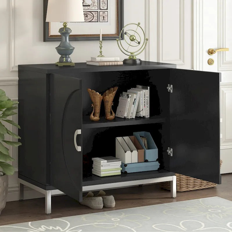 Storage Cabinet Accent Cabinet with Solid Wood Veneer and Metal Leg Frame for Living Room, Entryway