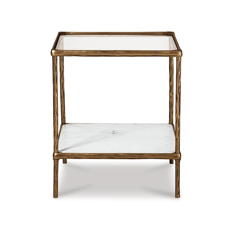 Dalie 25 Inch Accent Table, Square Glass Tabletop, Marble, Antique Gold
