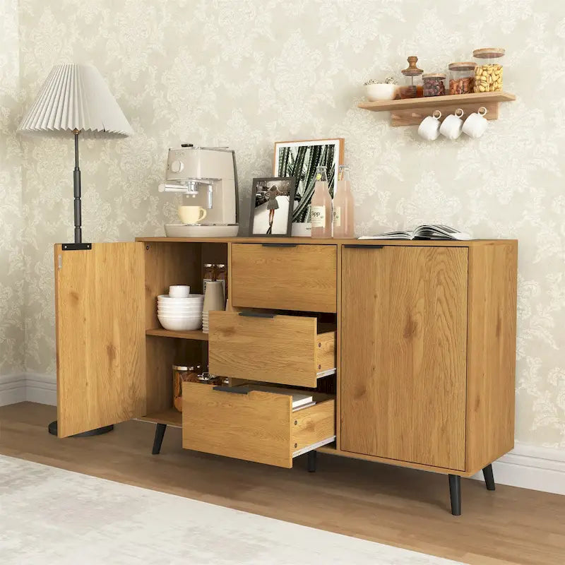 Wood Sideboard Buffet Cabinet with Storage, 3 Drawers & 2 Doors