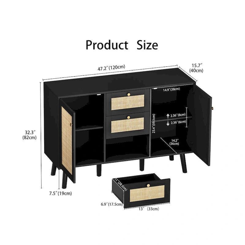 Anmytek Modern Wood Rattan Black Buffet Sideboard Accent Storage Cabinet with 3 Drawers and 2 Doors
