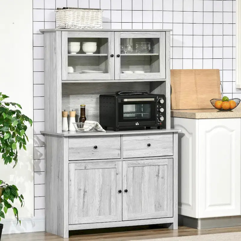 Kitchen Buffet with Hutch, Pantry Storage Cabinet with 4 Shelves, Drawers, Framed Glass Doors, Open Microwave Countertop