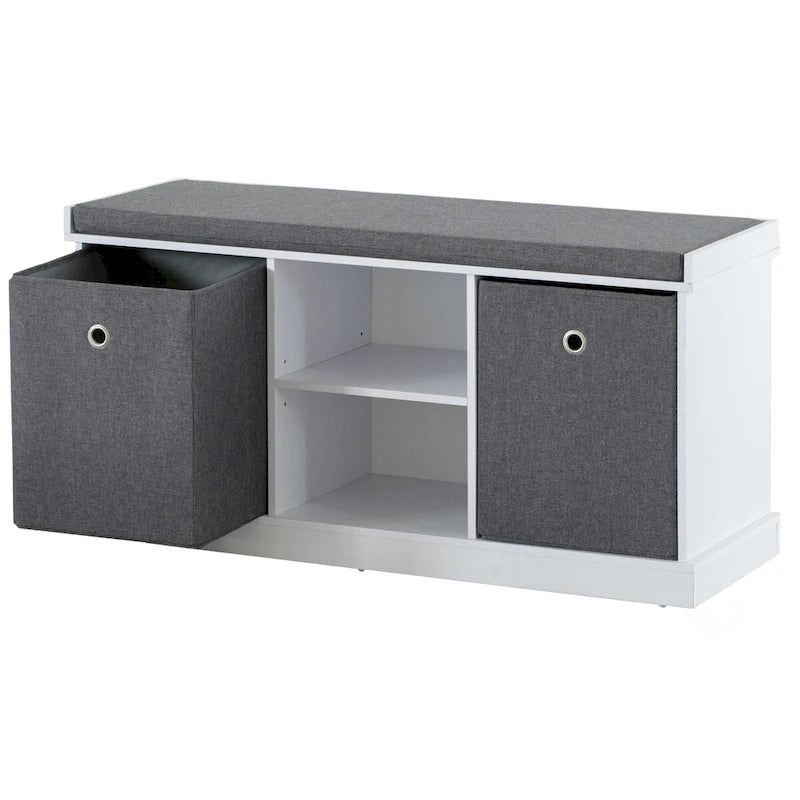 MDF Storage Box Shoe Bench with 2 Shelves, Foldable Baskets and a Gray Cushion, White