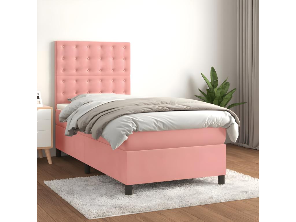 Upholstered bed base with mattress, Pink, 90x190 cm, Velvet, GRII78392