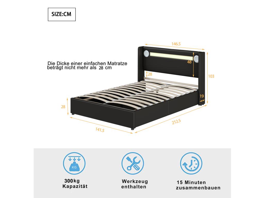 Upholstered double bed 140x200 black with LED lighting, Bluetooth player and USB charging, PU leather storage bed VMIH29036