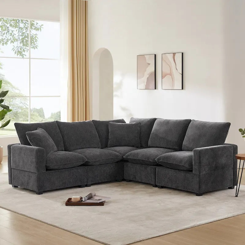 Nestfair Modern L Shape Modular Sofa 5 Seat Chenille Sectional Couch Set with 2 Pillows Included