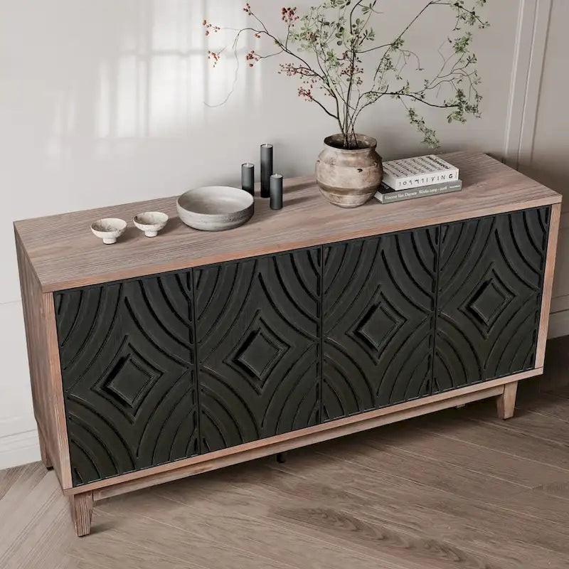 Sideboard Buffet Cabinet Kitchen Storage Cabinet Credenza with 4 Convex Pattern Diamond Doors and 2 Shelves Accent Console Table