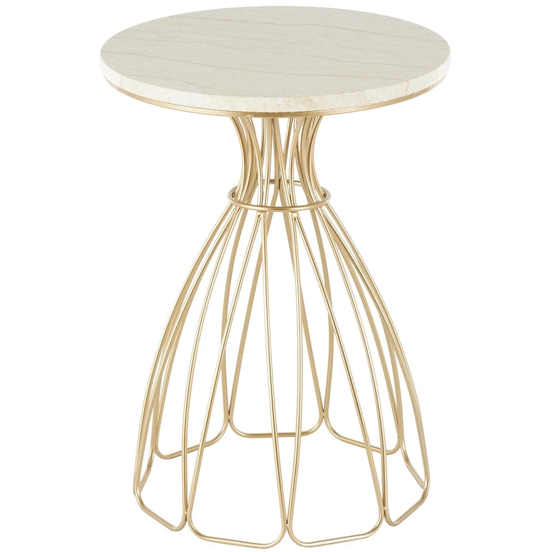 Metal Flower Inspired Side End Accent Table with Cream Marble Tabletop - Gold - Roche River Decor