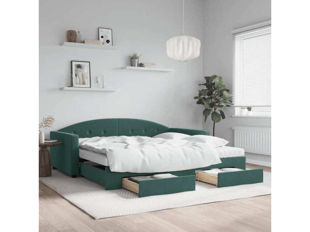Daybed with trundle bed and drawers, dark green, 100x200 cm, velvet KICQ07669