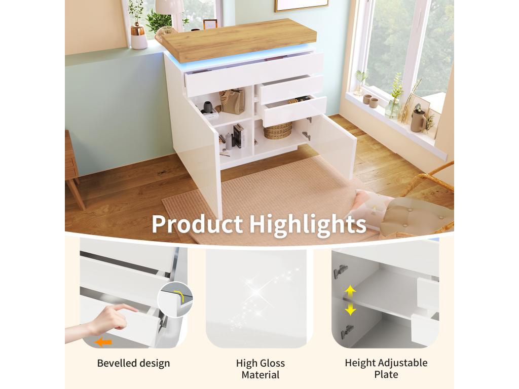 Chest of drawers with LED lighting - 3 drawers and 2 doors with adjustable shelves - White ZLYG31653
