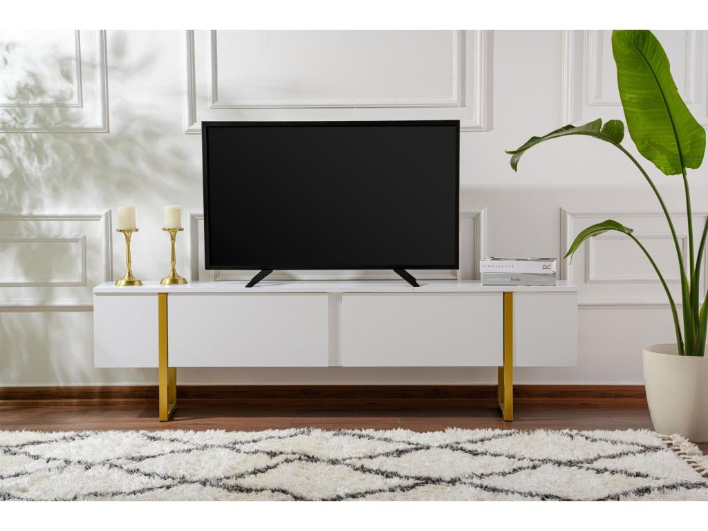 Modern TV unit with 2 drop-down doors, 180cm wide, white and gold, RTWA75830