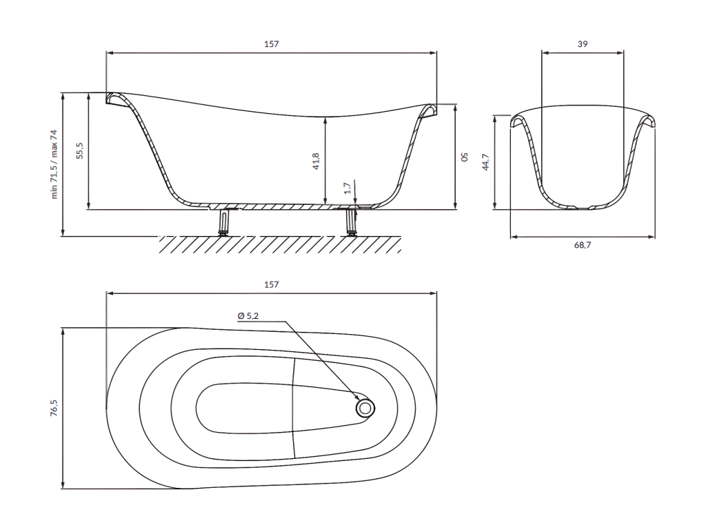 Freestanding bathtub M 157x77 CM, white/black, glossy finish DHES37196