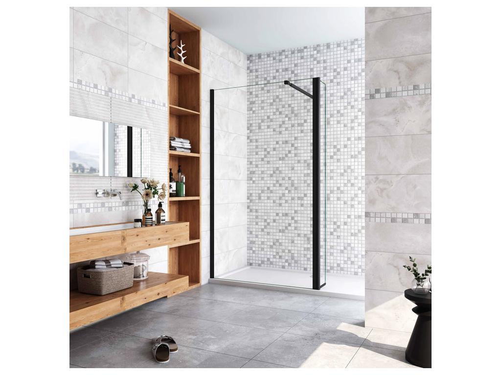 Walk-in shower enclosure with pivoting return 140 x 40 x 200 cm with 73-120 cm square support bar - Matte Black - 8 mm anti-limescale glass FQIT95408