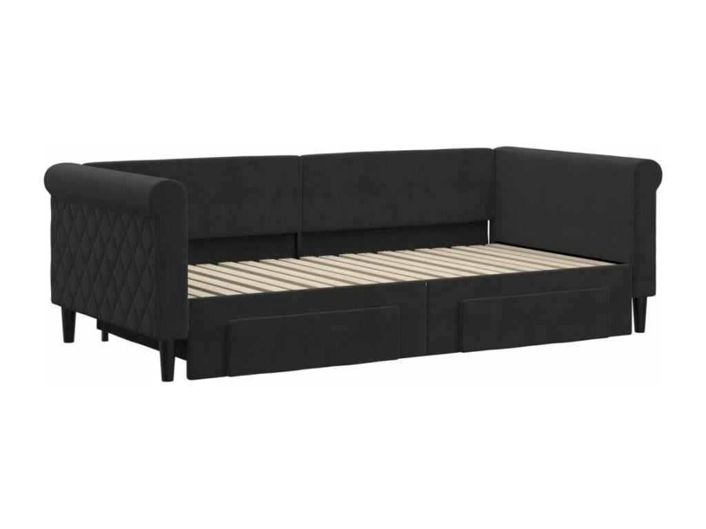 Daybed with pull-out bed and drawers, black, 90x190 cm, velvet, VJEJ37369