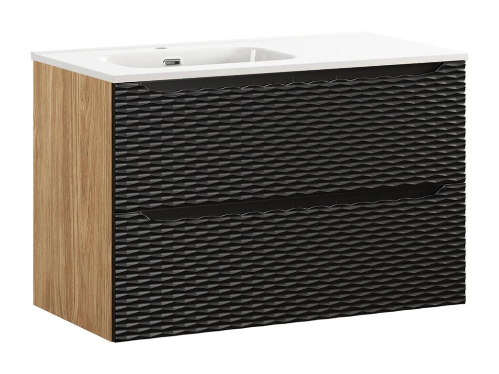 Lysvia Black and Wood Single Vanity Unit with Left-Hand Inset Basin (90cm) and Tall Cabinet CBFF07192