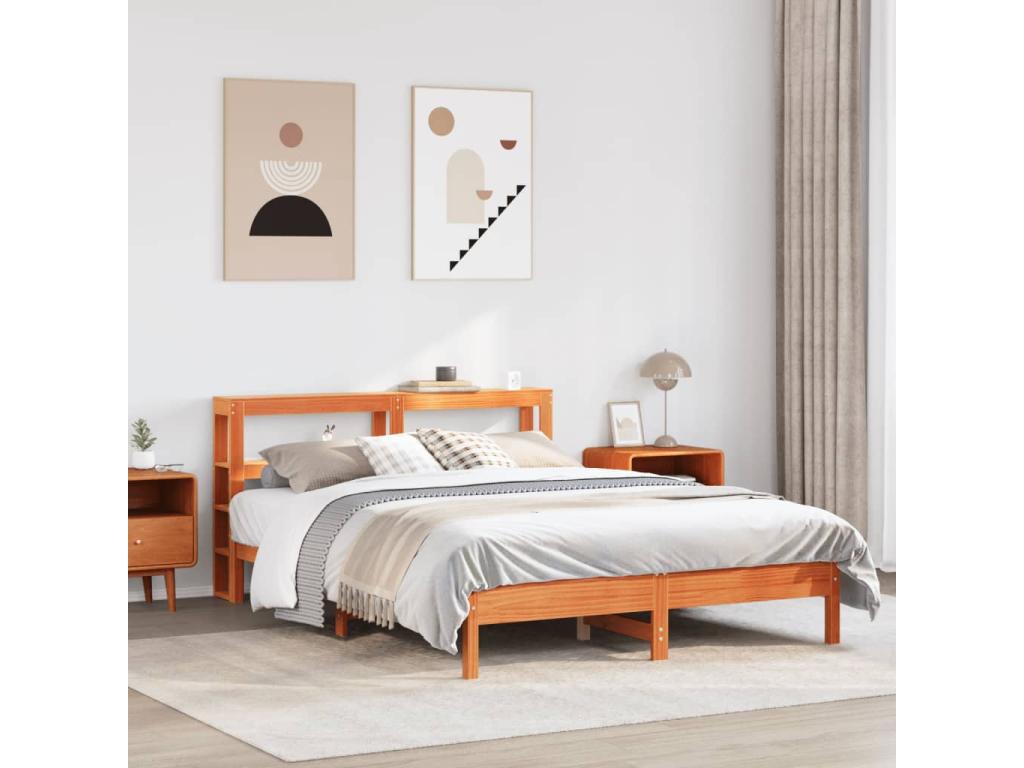 Bed frame without mattress, brown wax finish, 140x200cm, solid pine wood, VHMZ37177
