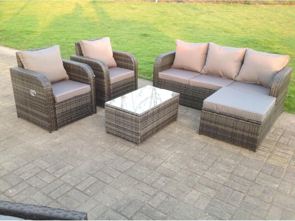 6-seater rattan garden furniture set with sofa, stools, rectangular coffee table, and chair. MéElariva dark grey WUZX09596