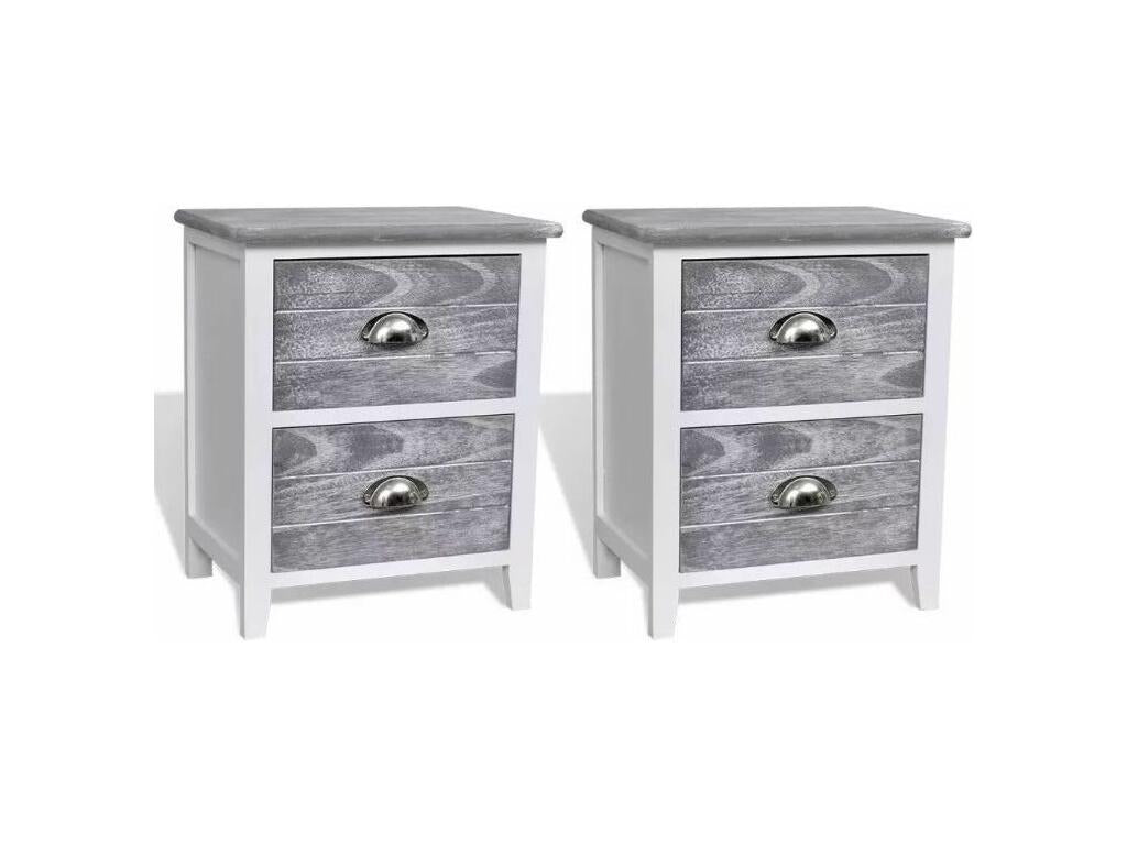 Lysvia 2-Drawer Bedside Table in White and Grey Paulownia Wood - Set of 2 GMQD02039