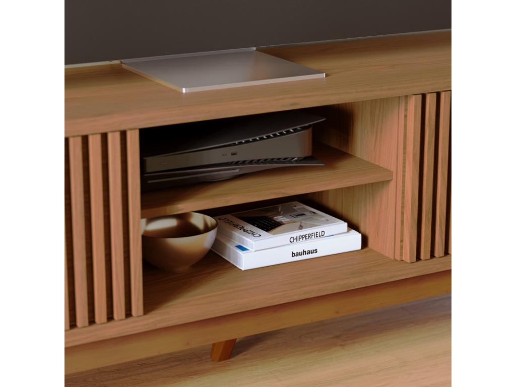 75-inch TV Stand, Oak Finish, Wooden Legs, 4 Doors, 8 Shelves, W 218 H 57 D 40 cm CXDB39191