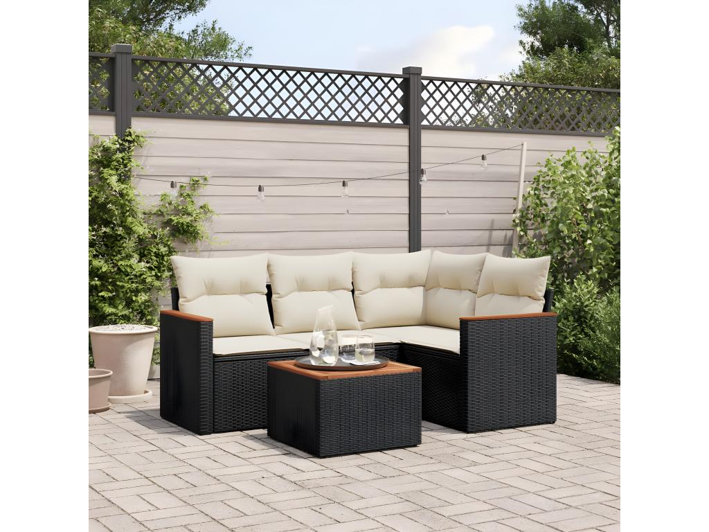 5-piece garden furniture set with cushions, black woven resin MTAQ44574