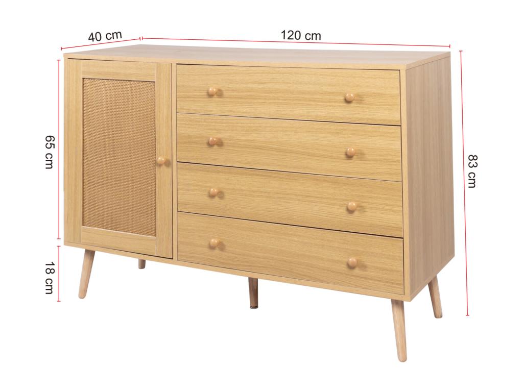 Buffet 120x40x836cm - Cabinet with 4 drawers and 1 rattan door - made of MDF PB wood - wood color NJEP64812