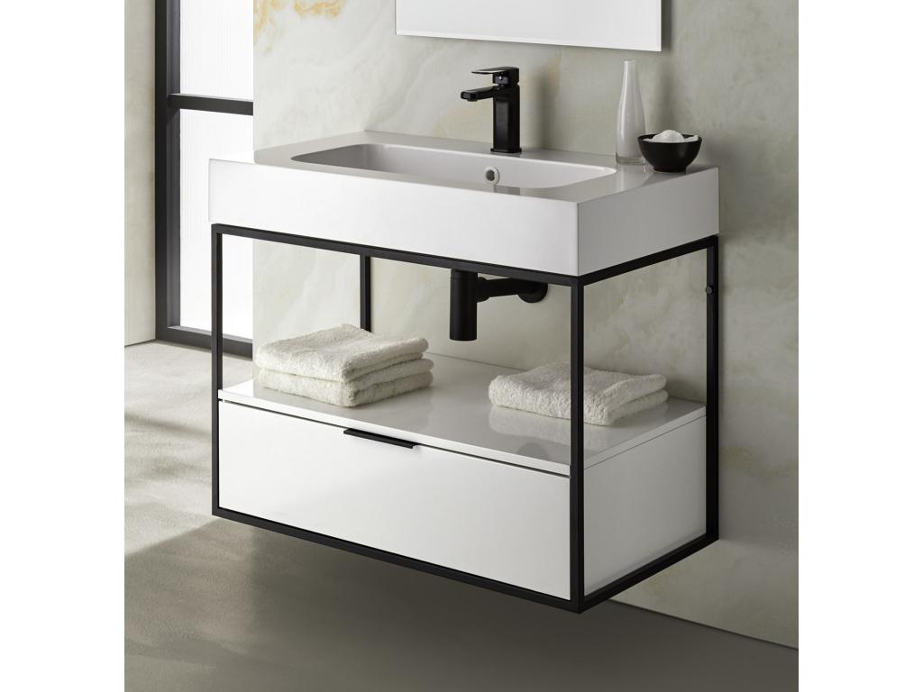Bathroom cabinet with 1 wall-mounted drawer, glossy white with molded top - Length 100 x Height 54 x Depth 46 cm BPZJ63590