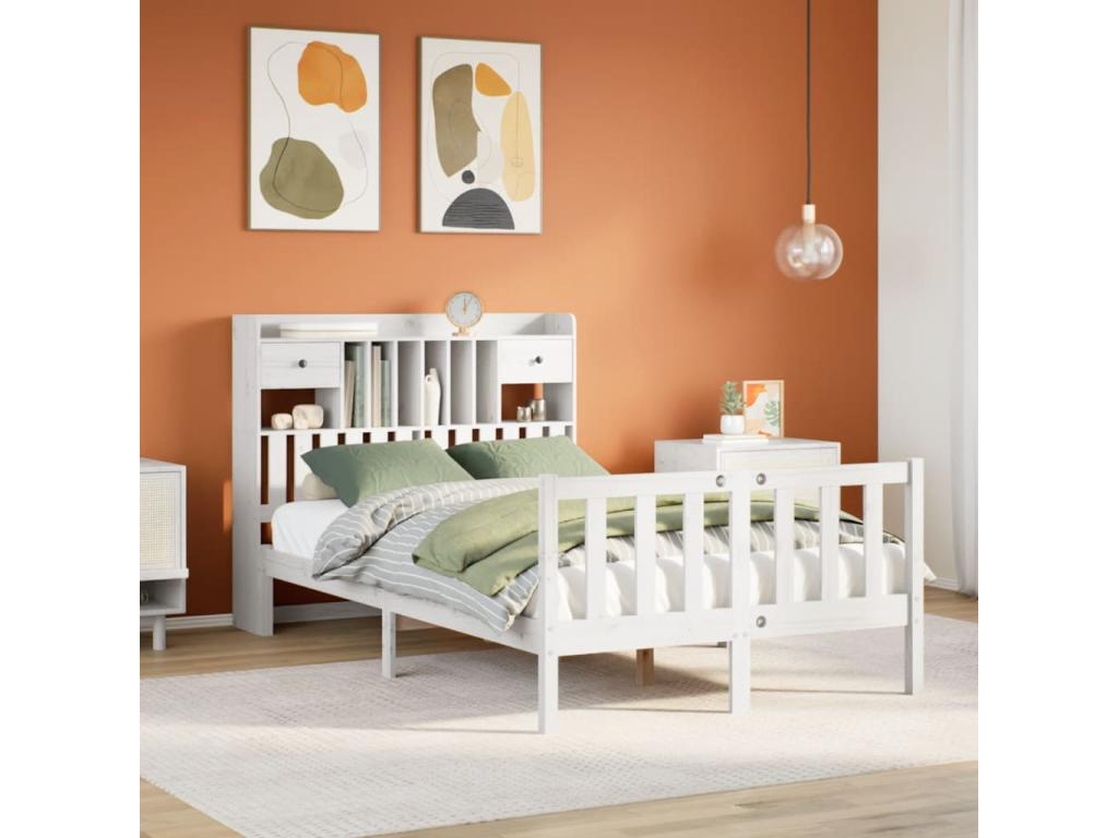 White bookcase bed without mattress, 135x190 cm, solid pine wood, PUYF66557