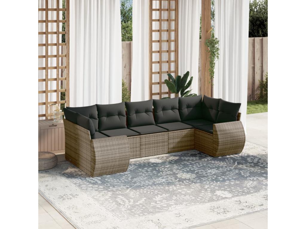 Garden furniture set with cushions, 7 pieces, grey woven resin IPRM98003