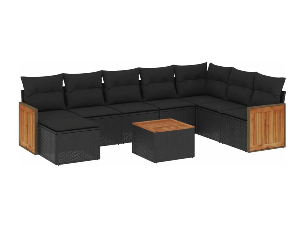 9-piece garden furniture set with cushions, black woven resin ZDLO23617