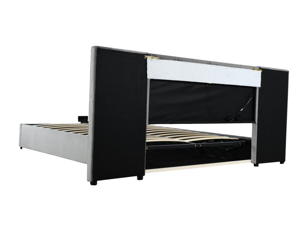 Elegant upholstered bed 160x200 cm with large velvet-padded headboard, LED and USB socket, grey JYTB02700