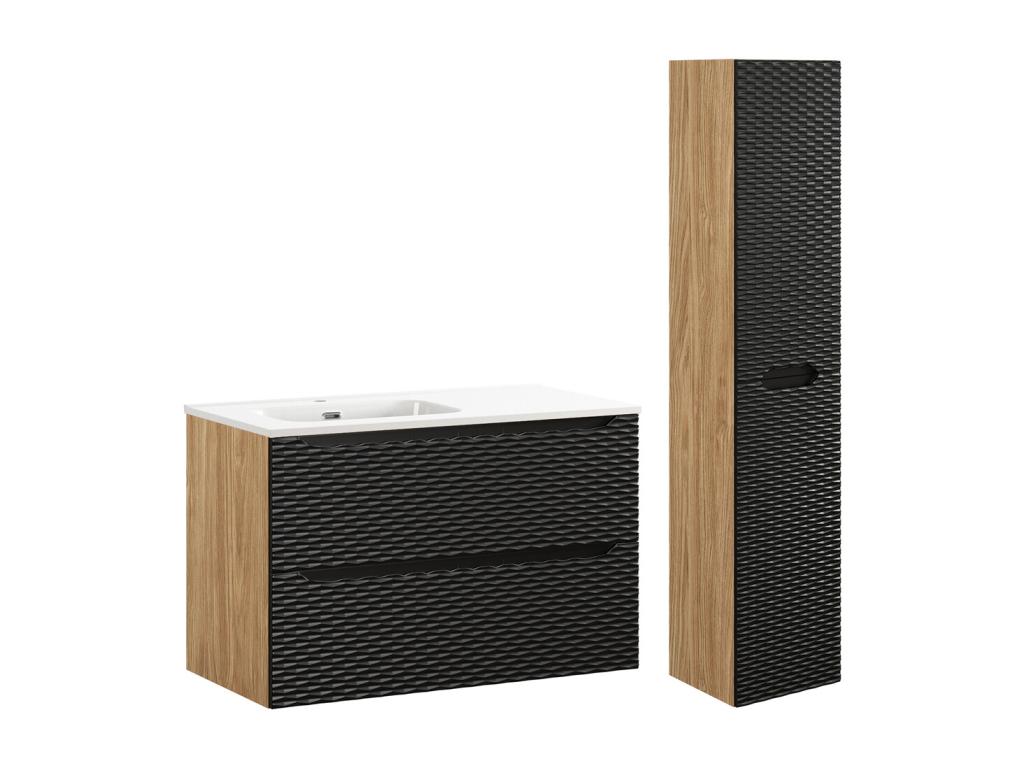 Lysvia Black and Wood Single Vanity Unit with Left-Hand Inset Basin (90cm) and Tall Cabinet CBFF07192