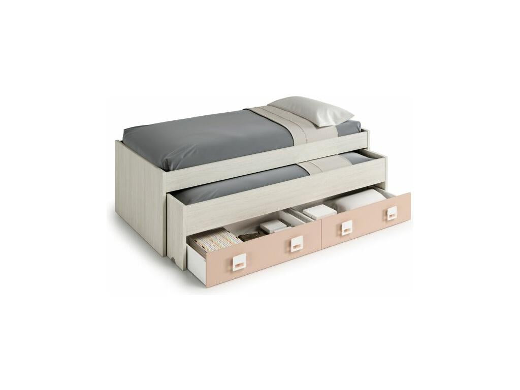 Double Bed with 2 Drawers and One Shelf, Finished in Alpine White and Pastel Pink VXYW41118