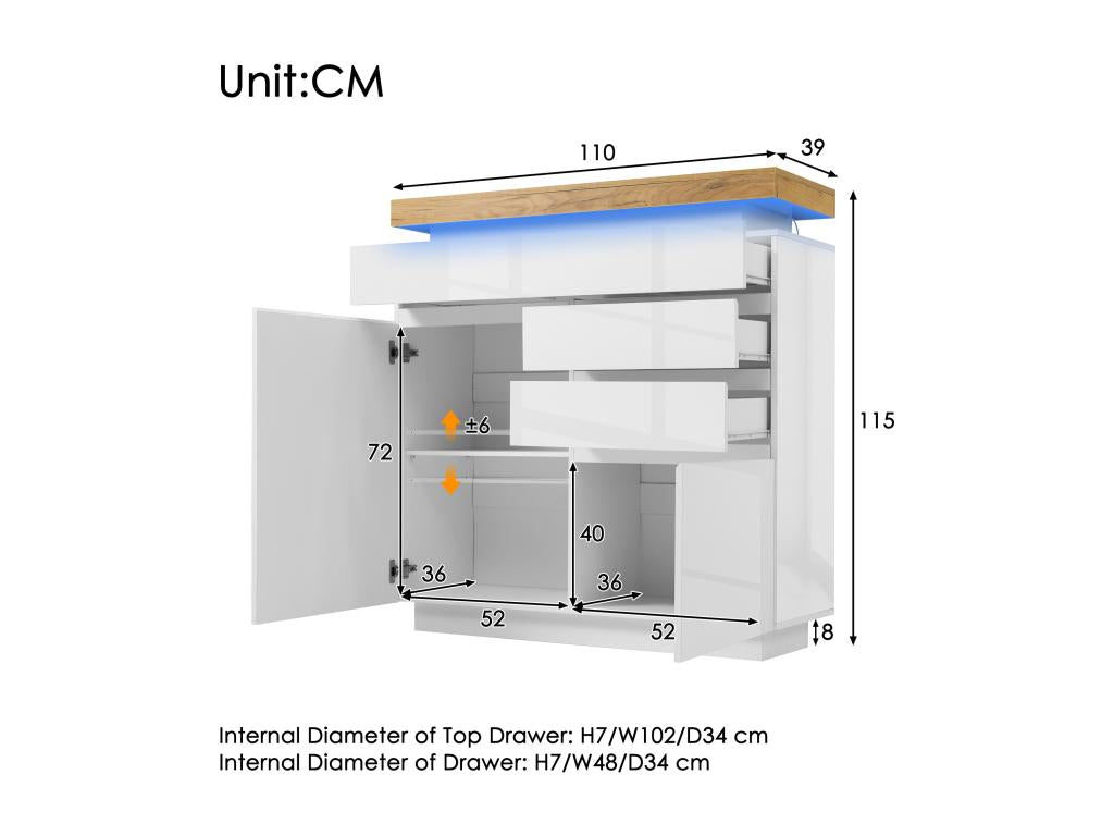 Chest of drawers with LED lighting - 3 drawers and 2 doors with adjustable shelves - White ZLYG31653