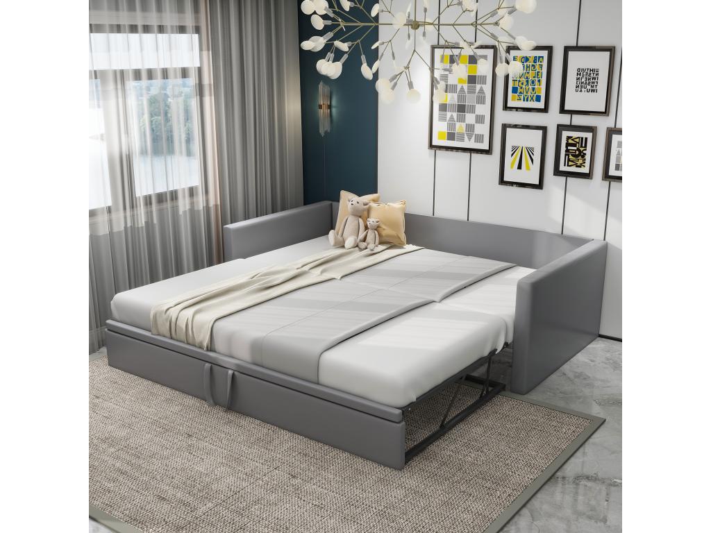 Velvet trundle bed with slatted base - 90/180x200cm - Light Grey BEGS20285