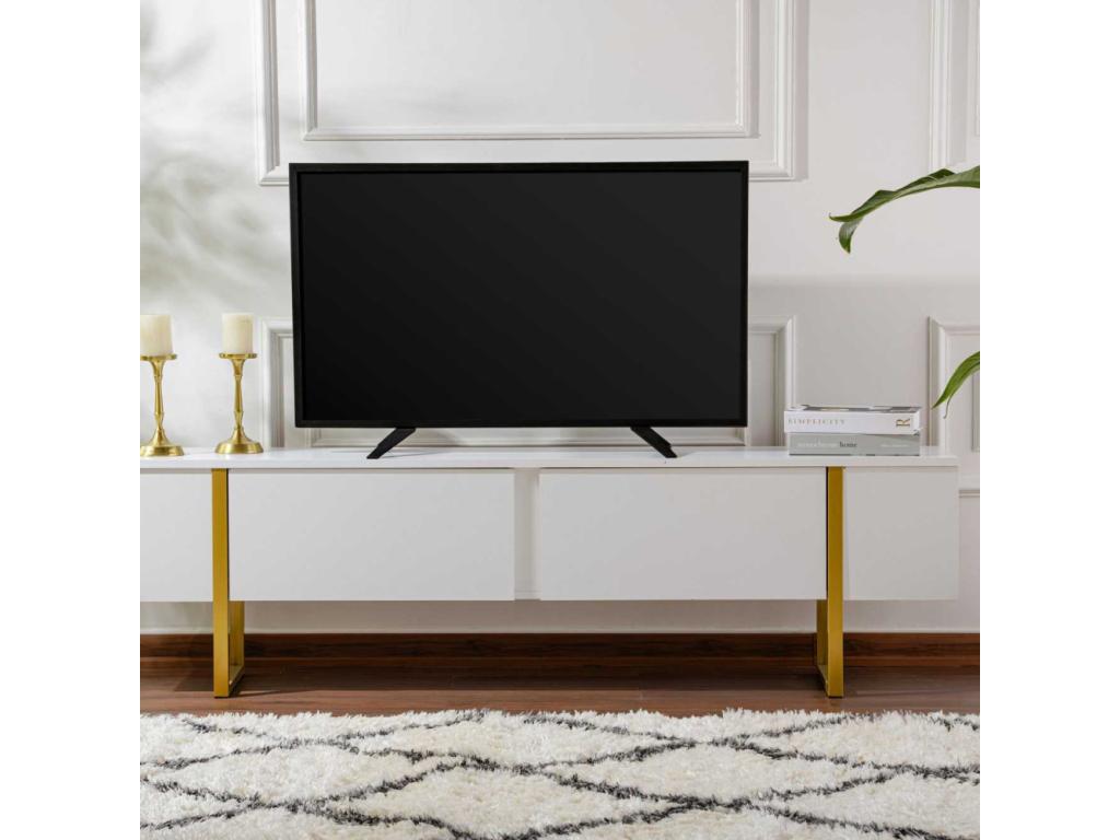Modern TV unit with 2 drop-down doors, 180cm wide, white and gold, RTWA75830