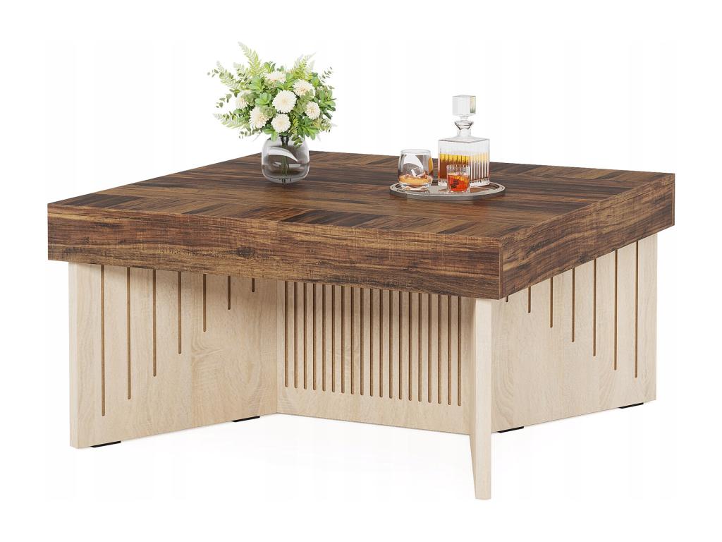 Elariva 90cm Square Wooden Coffee Table, Farmhouse Style Centerpiece with Engraved Lines, Coffee Table for Living Room QCMJ90205