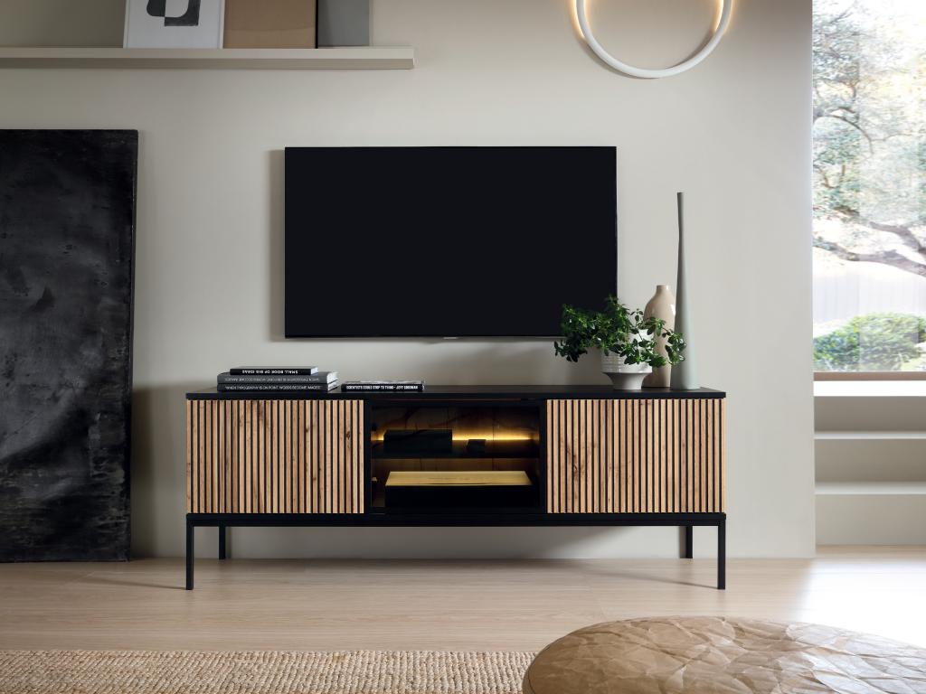 3-door TV unit with LEDs in MDF and smoked glass - Black and Natural - Lysvia VVNN65663