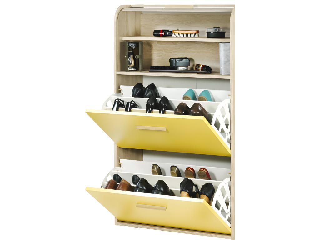 Oak Shoe Cabinet with Yellow Drop-Down Doors - Grey Waves Curtain Color 810 IMJI23920
