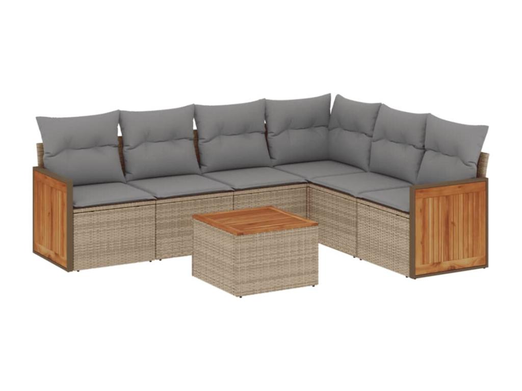 7-piece garden furniture set with cushions, beige woven resin JPYR22732