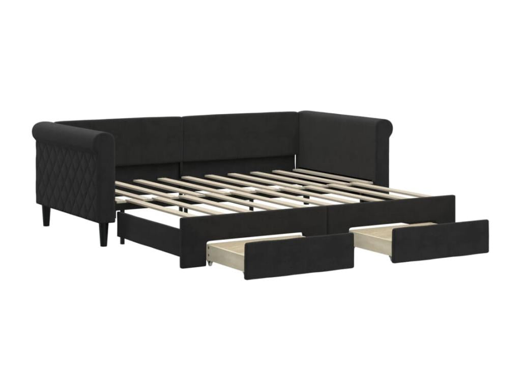 Daybed with pull-out bed and drawers, black, 90x190 cm, velvet, VJEJ37369