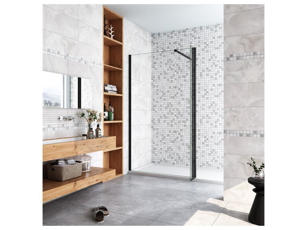 Walk-in shower enclosure with pivoting return 140 x 40 x 200 cm with 73-120 cm square support bar - Matte Black - 8 mm anti-limescale glass FQIT95408