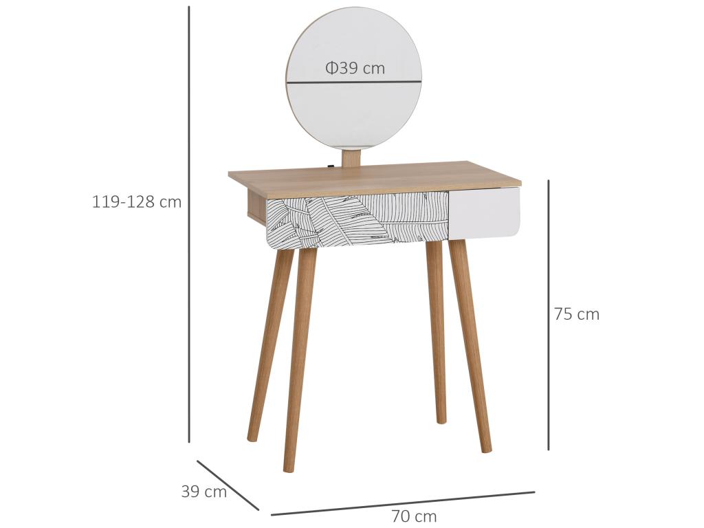 Scandinavian design dressing table with drawer and large mirror, dimensions: 70x39x119-128 cm BWHM36590