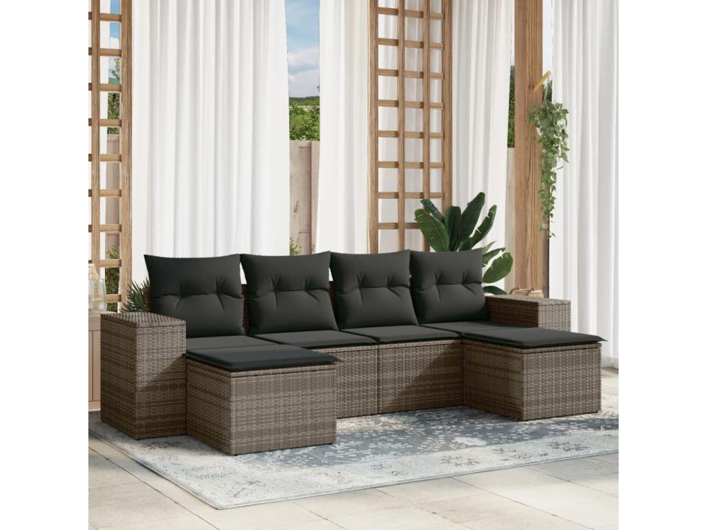 6-piece garden furniture set with grey resin wicker cushions JGYW14163