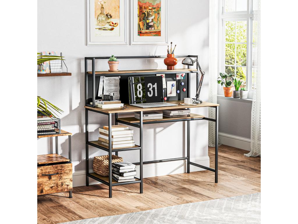 Industrial design computer desk with 4 shelves, large top and black metal panel with wood-effect finish VOVZ19462