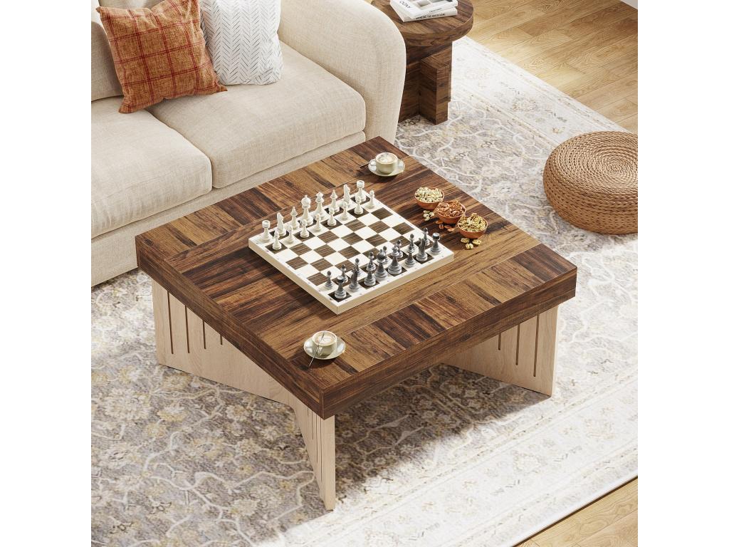 Elariva 90cm Square Wooden Coffee Table, Farmhouse Style Centerpiece with Engraved Lines, Coffee Table for Living Room QCMJ90205