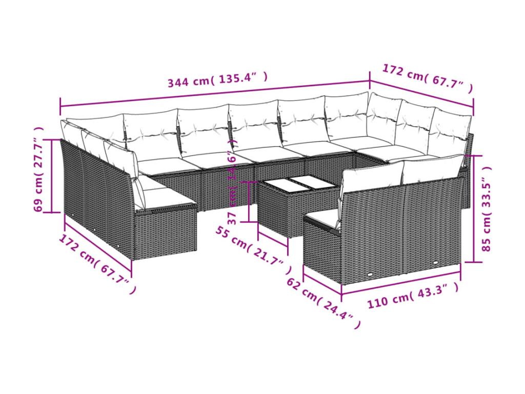 Garden furniture set with cushions, 13 pieces, black woven resin, IWKP03180