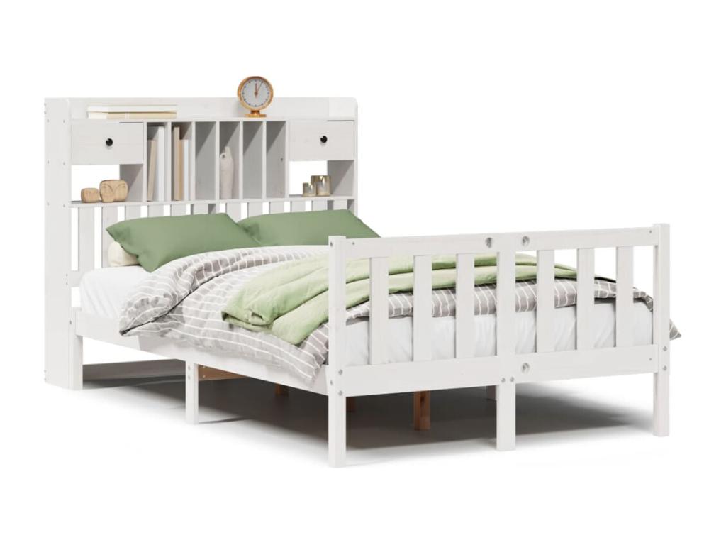 White bookcase bed without mattress, 135x190 cm, solid pine wood, PUYF66557