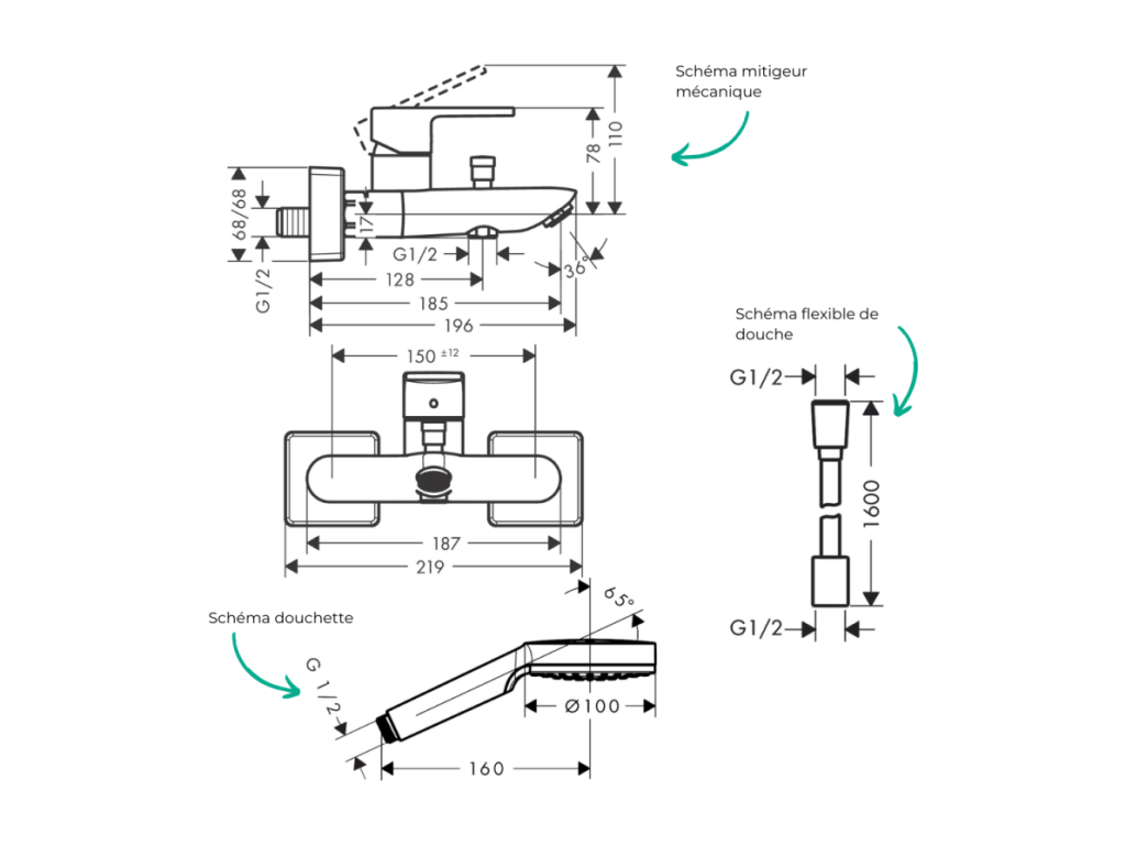 C2 Flexible Designflex Mechanical Bath Mixer Pack with Blend 100 EcoSmart 1-Jet Chrome Shower Head ELGM93563