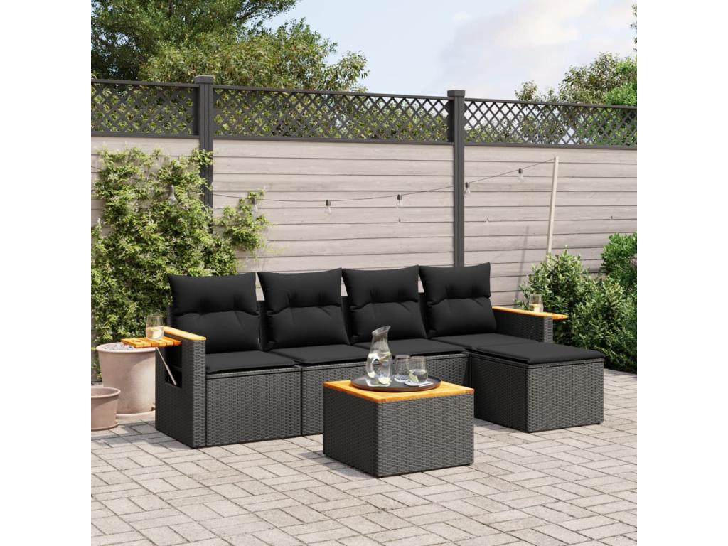 6-piece garden furniture set with cushions, black woven resin MBXF39297