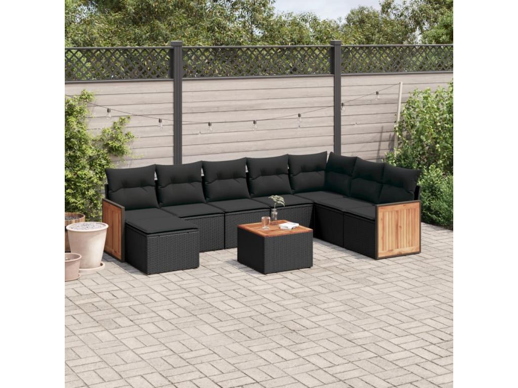 9-piece garden furniture set with cushions, black woven resin ZDLO23617