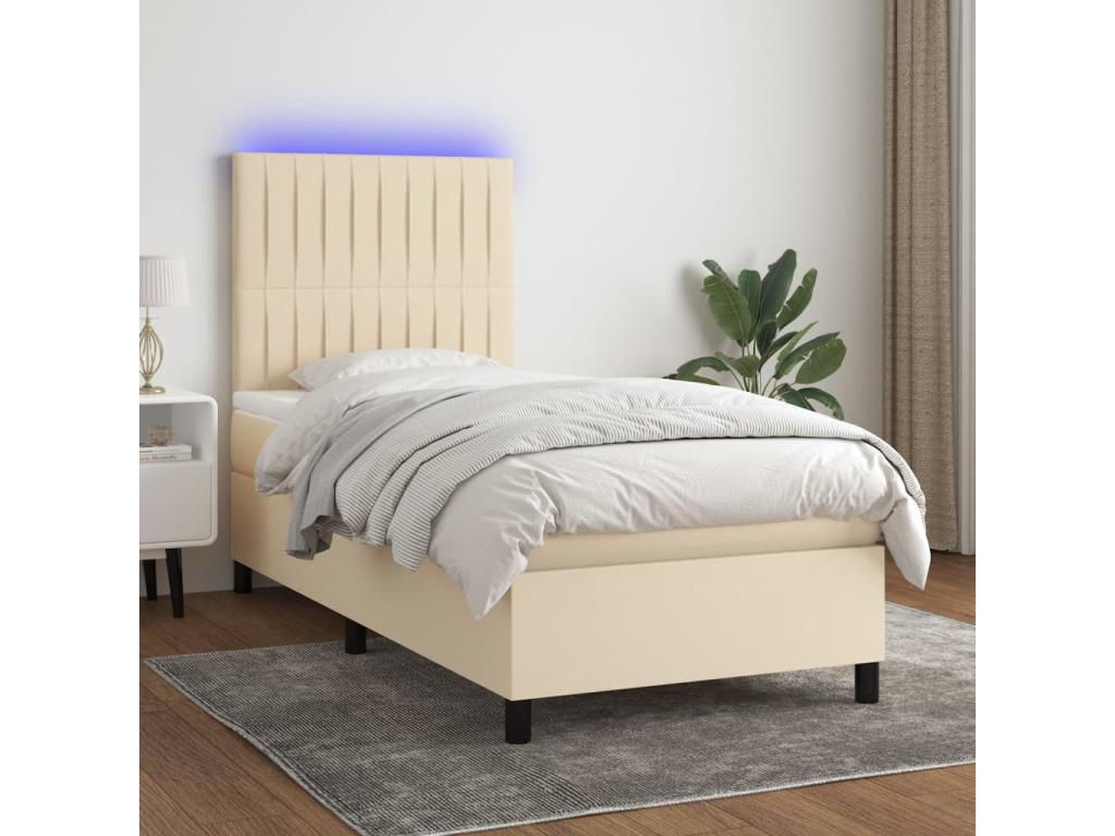 Upholstered bed base with mattress and LED lighting, Cream, 90x190 cm, Fabric SVIH40667